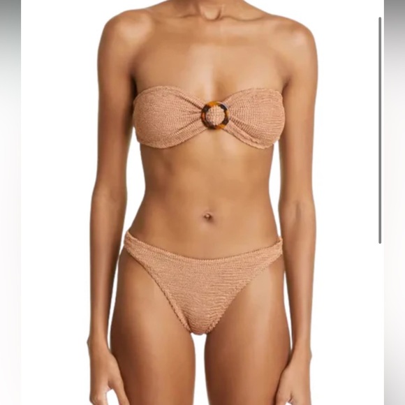 Hunza G Other - Hunza G Metallic Cocoa Bikini Set Beige Stretchy Crinkle Bandeau Strapless NWY